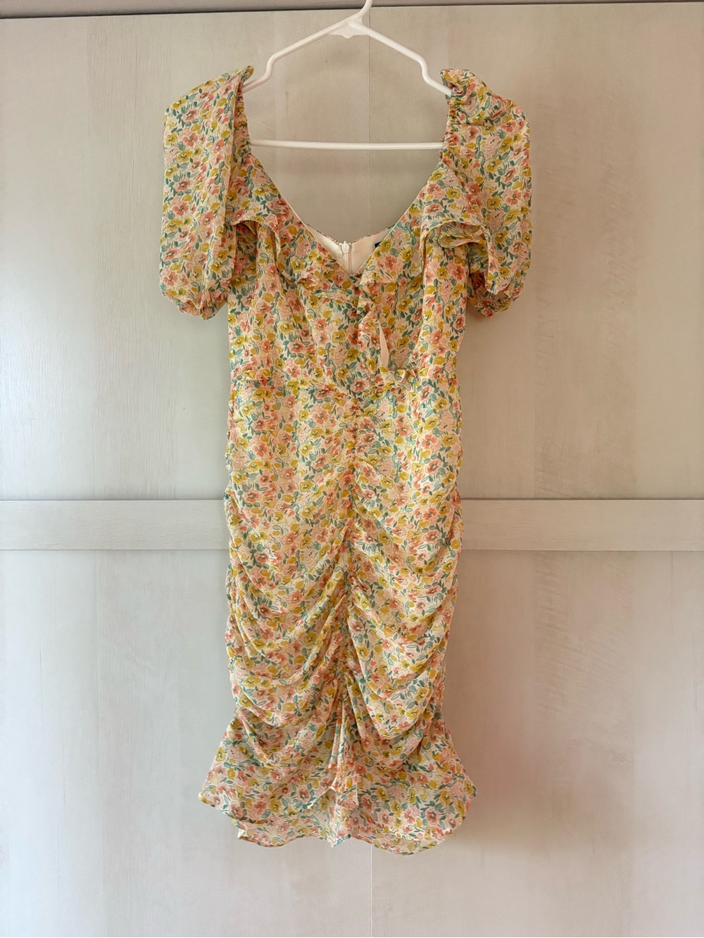 Nasty Gal Yellow Floral Ruched Puff-Sleeve Midi Dress